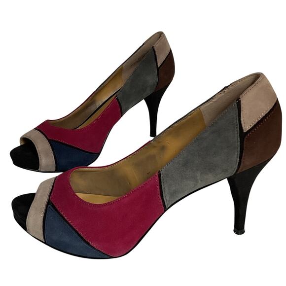 Nine West Retro Y2K Peep Toe Heels Multicolor Suede Patchwork 7.5M - Picture 1 of 10